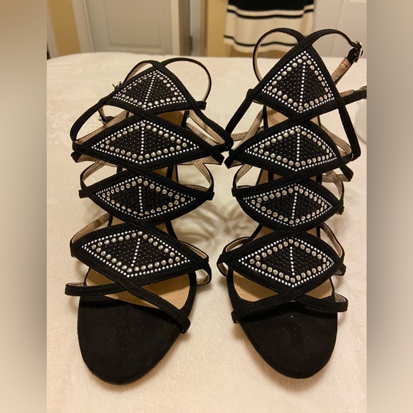 Black Velvet Aztec pattern by JustFab with silver studs Stiletto Heel Sz 6.5 NWT - Picture 10 of 12
